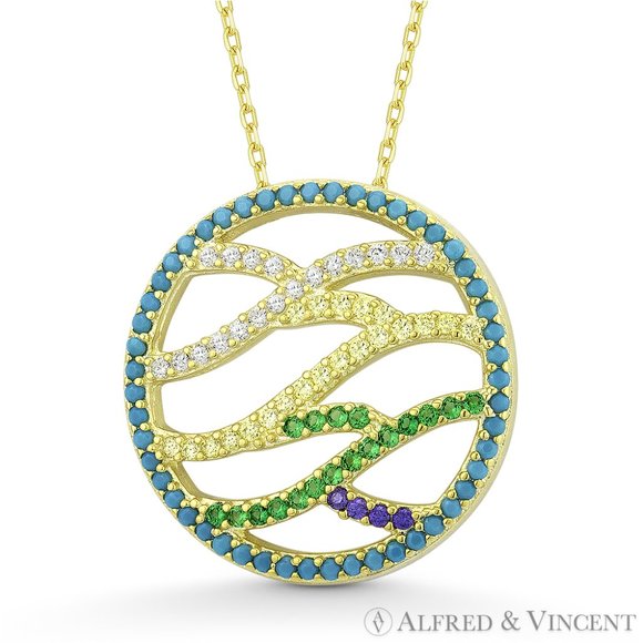 Criss-Crossing Swirl CZ Crystal Circle Pendant in .925 Sterling Silver w/ YGold - Picture 1 of 1